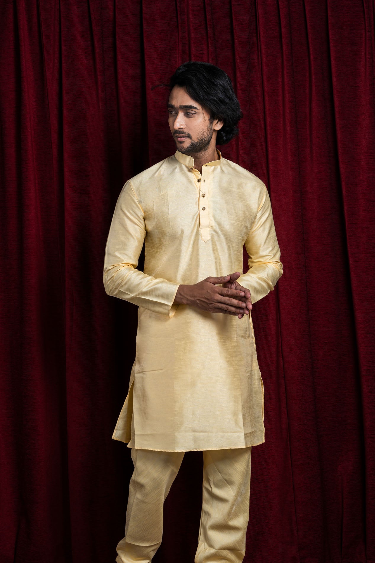 HAMSAFAR Men’s Light Yellow Silk Blend Casual Kurta