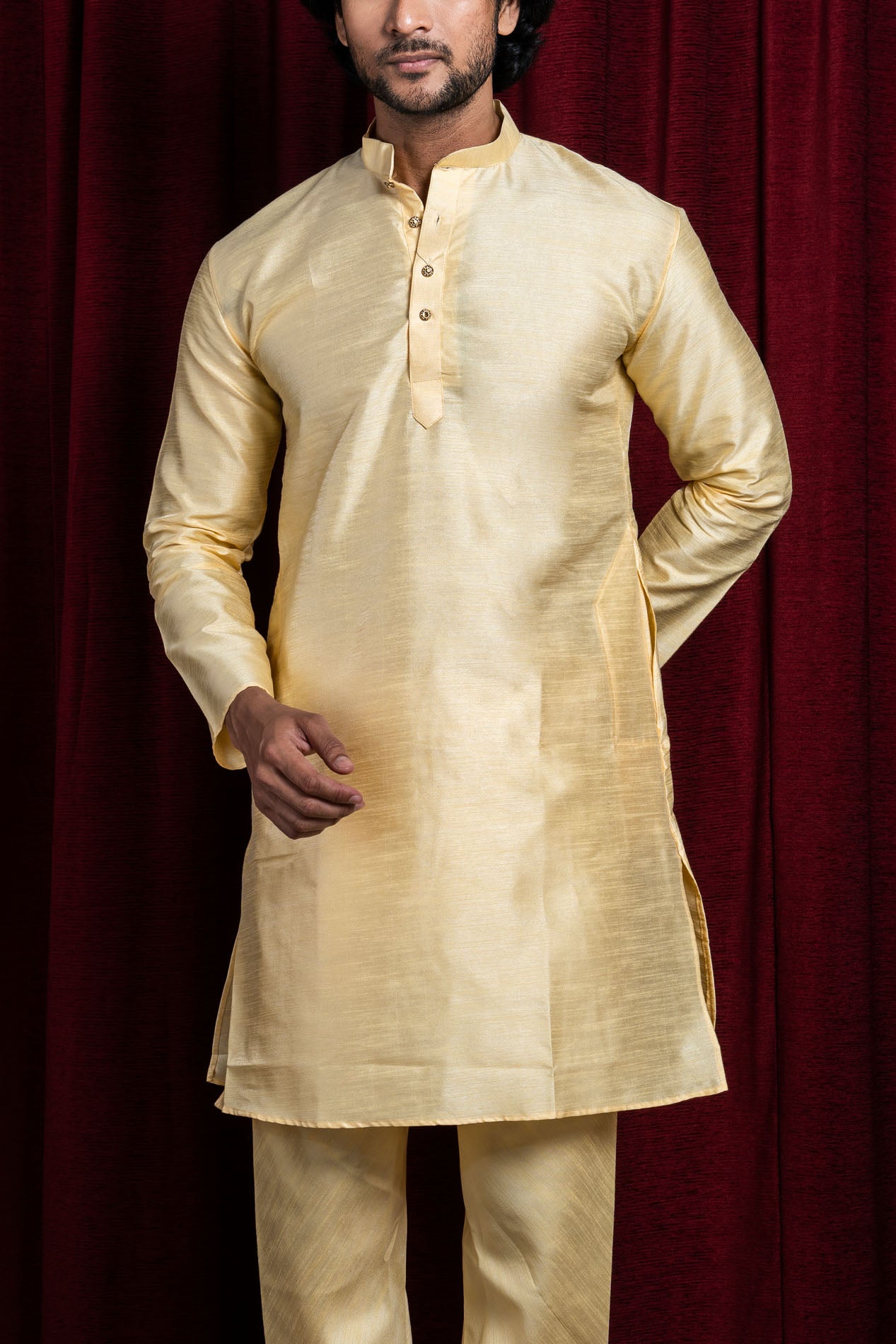 HAMSAFAR Men’s Light Yellow Silk Blend Casual Kurta