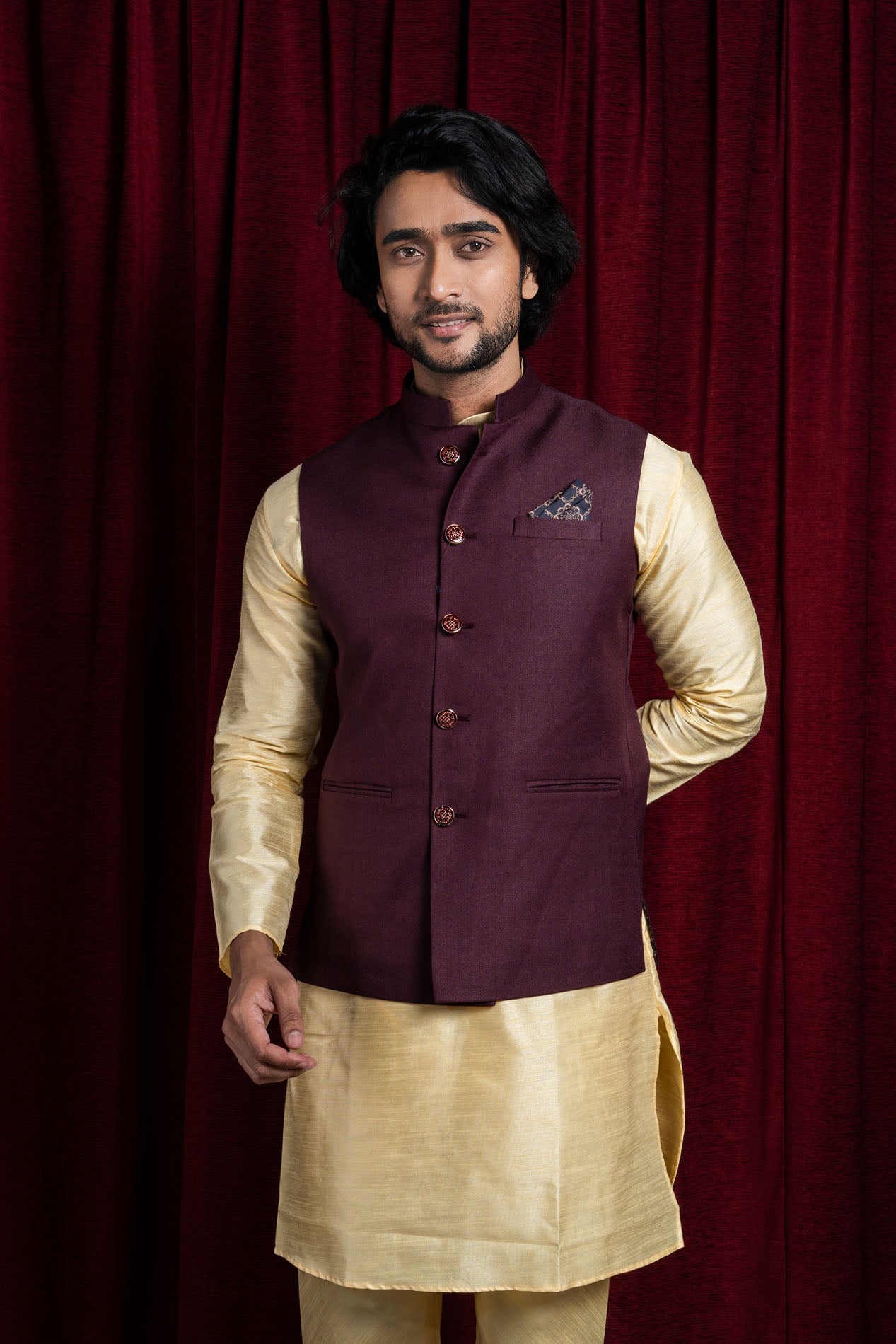 HAMSAFAR Men’s Chocolate Brown Poly Viscose Nehru Jacket