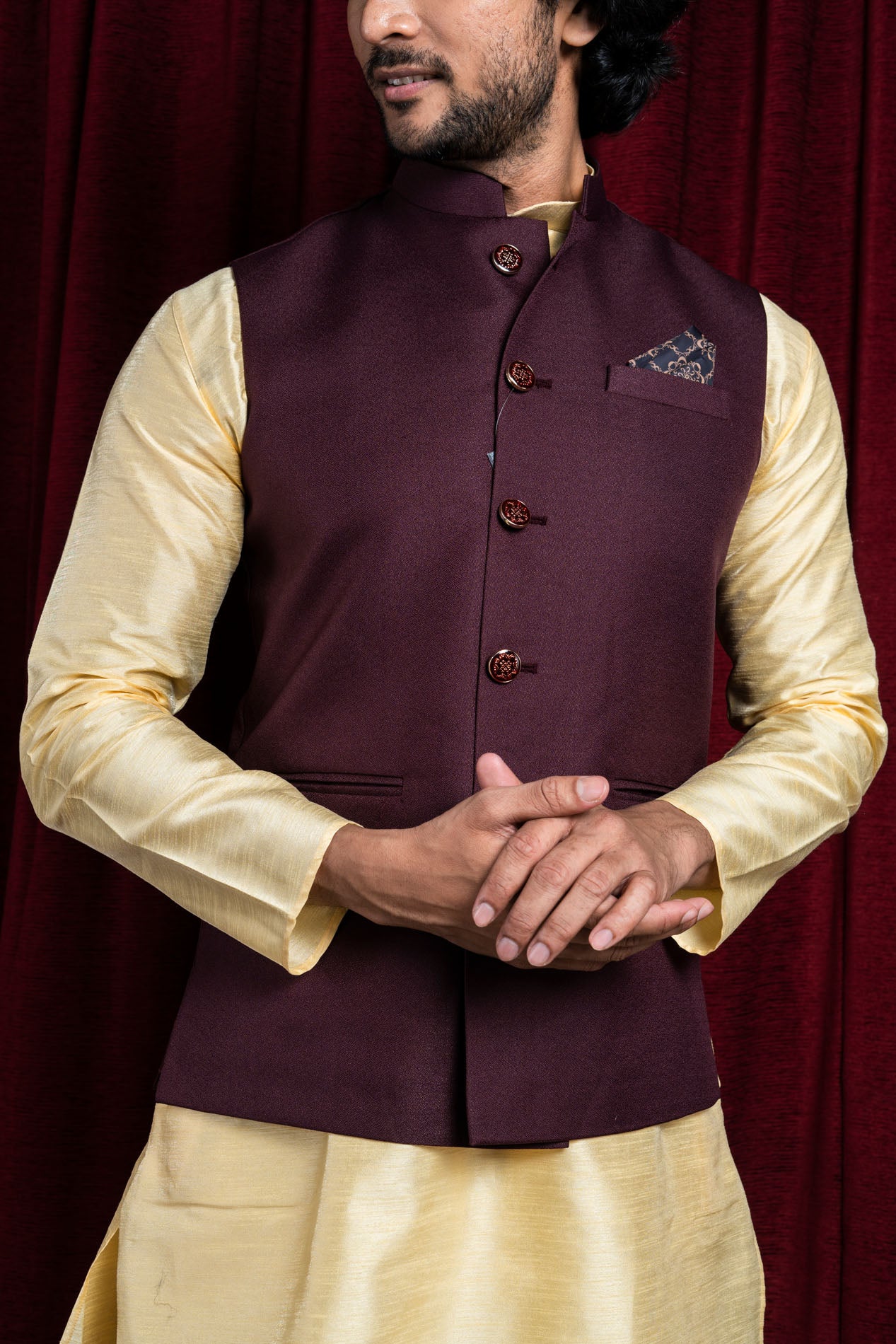 HAMSAFAR Men’s Chocolate Brown Poly Viscose Nehru Jacket