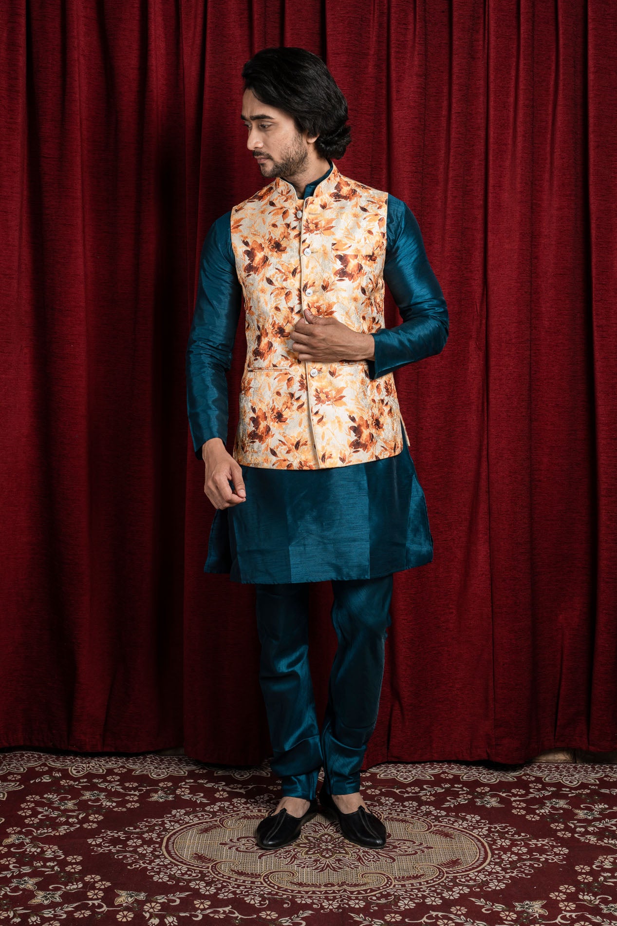 HAMSAFAR Men’s Cream Poly Viscose Floral Print Nehru Jacket