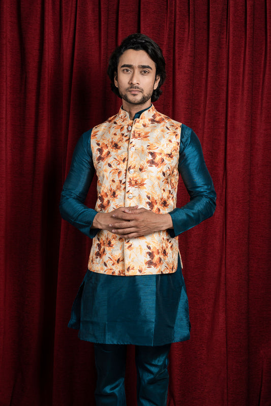 HAMSAFAR Men’s Cream Poly Viscose Floral Print Nehru Jacket