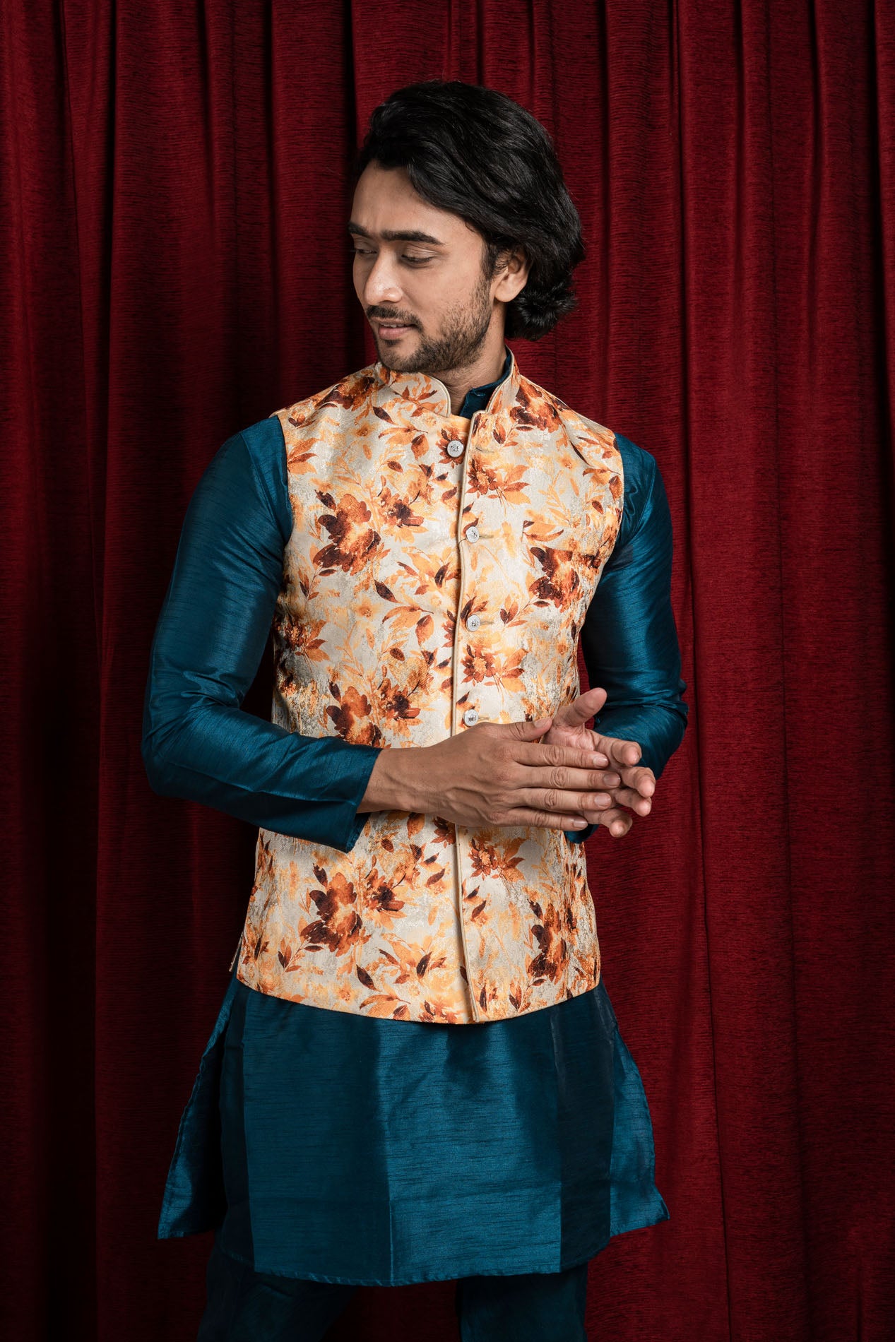 HAMSAFAR Men’s Cream Poly Viscose Floral Print Nehru Jacket