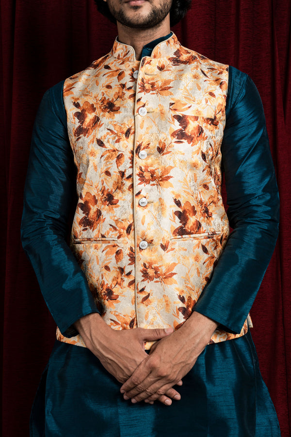 HAMSAFAR Men’s Cream Poly Viscose Floral Print Nehru Jacket