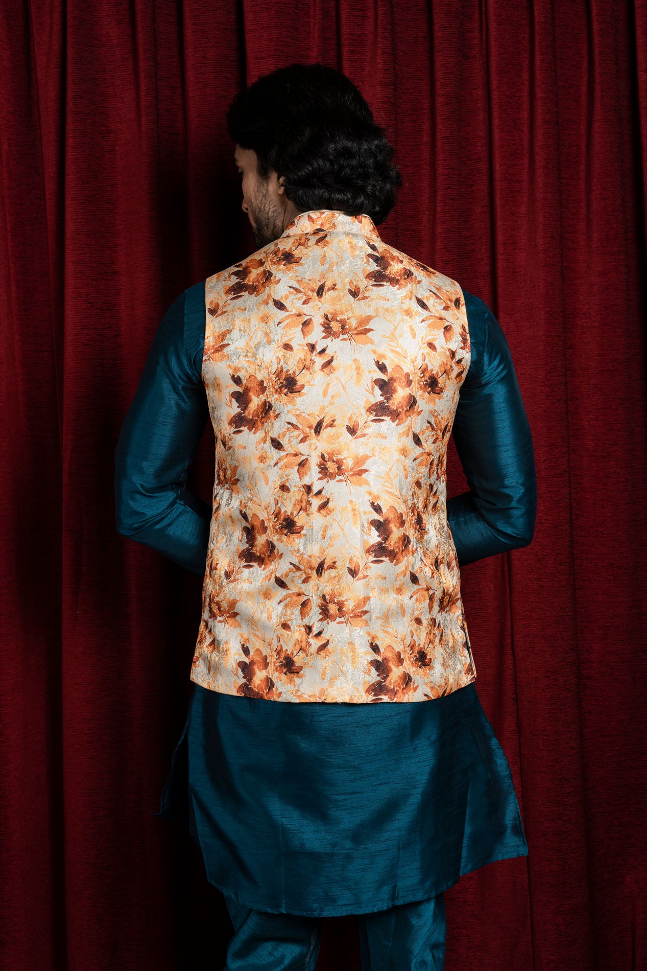 HAMSAFAR Men’s Cream Poly Viscose Floral Print Nehru Jacket