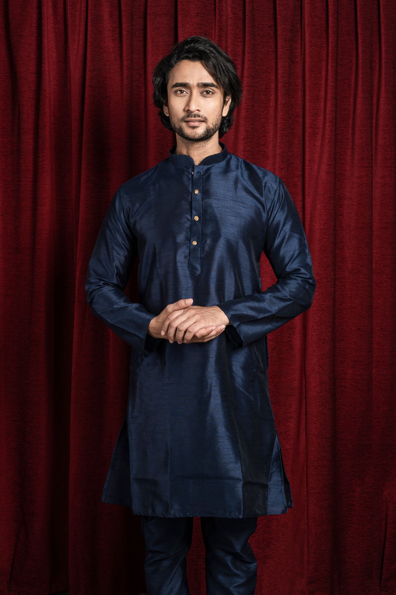 HAMSAFAR Men’s Denim Blue Silk Blend Casual Kurta