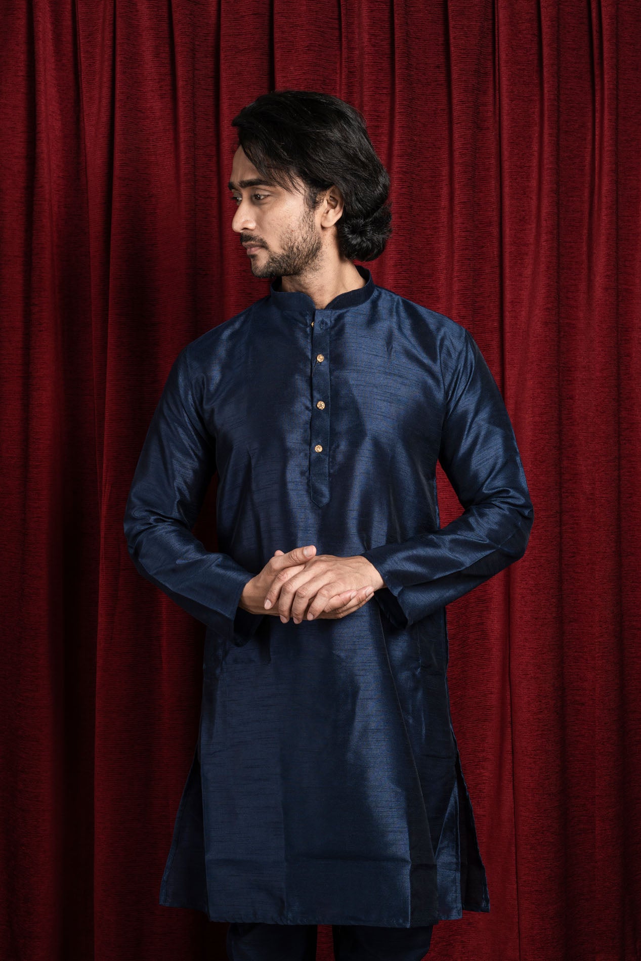 HAMSAFAR Men’s Denim Blue Silk Blend Casual Kurta