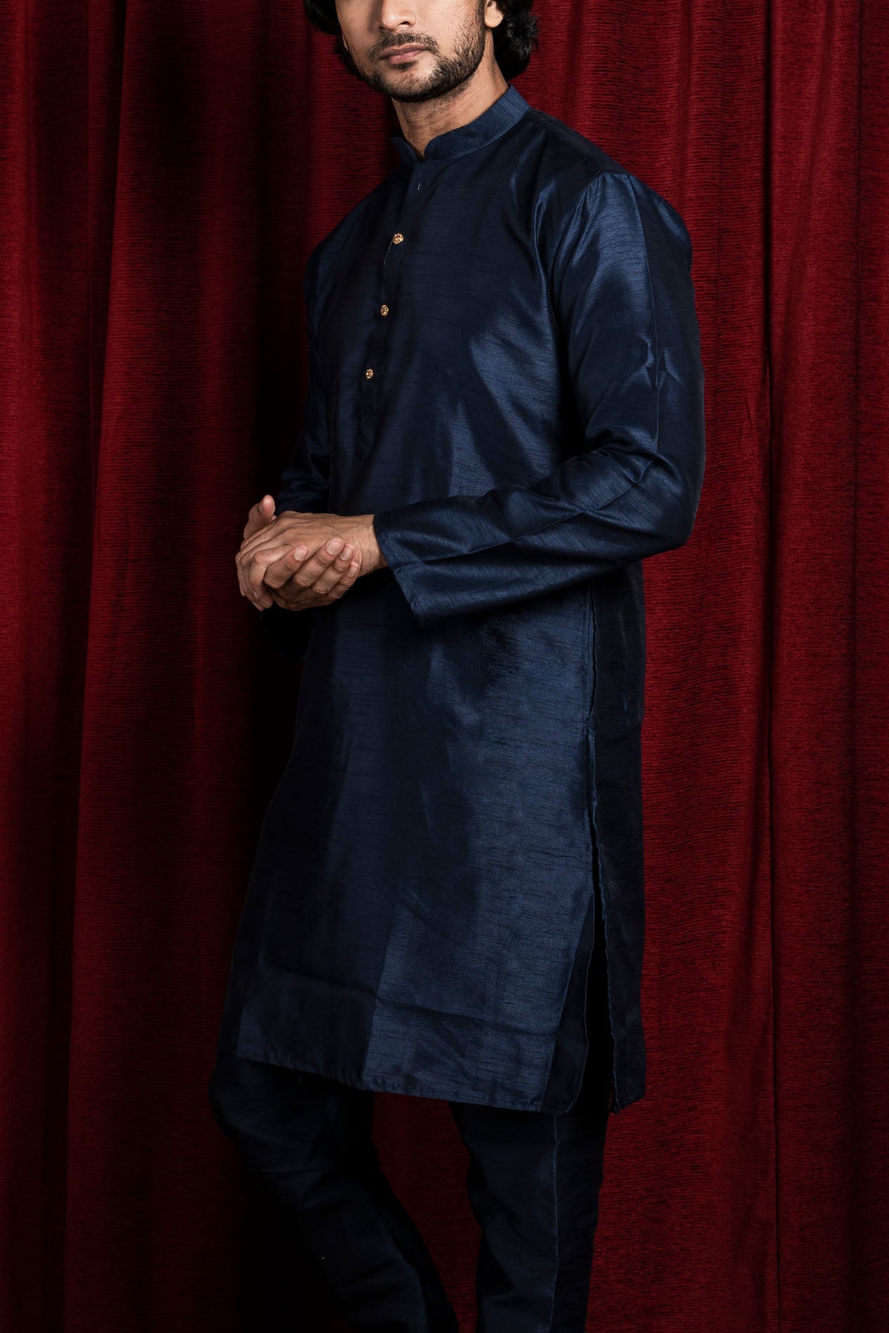 HAMSAFAR Men’s Denim Blue Silk Blend Casual Kurta