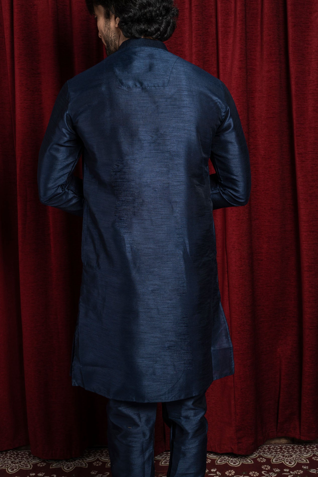 HAMSAFAR Men’s Denim Blue Silk Blend Casual Kurta