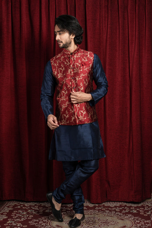 HAMSAFAR Men’s Maroon Poly Satin Jaquard Printed Nehru Jacket