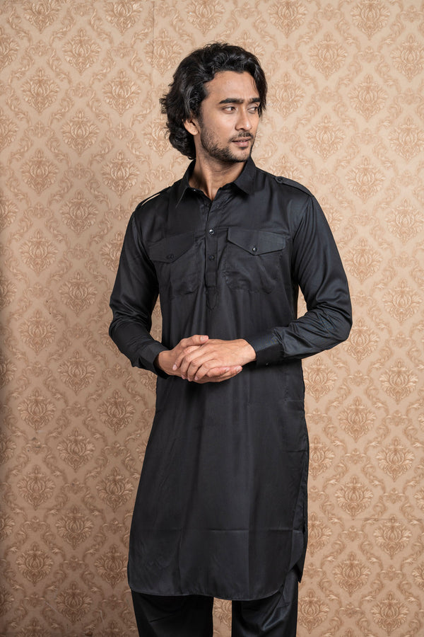 HAMSAFAR Men’s Black Cotton Casual Pathani Kurta & Pyjama Set