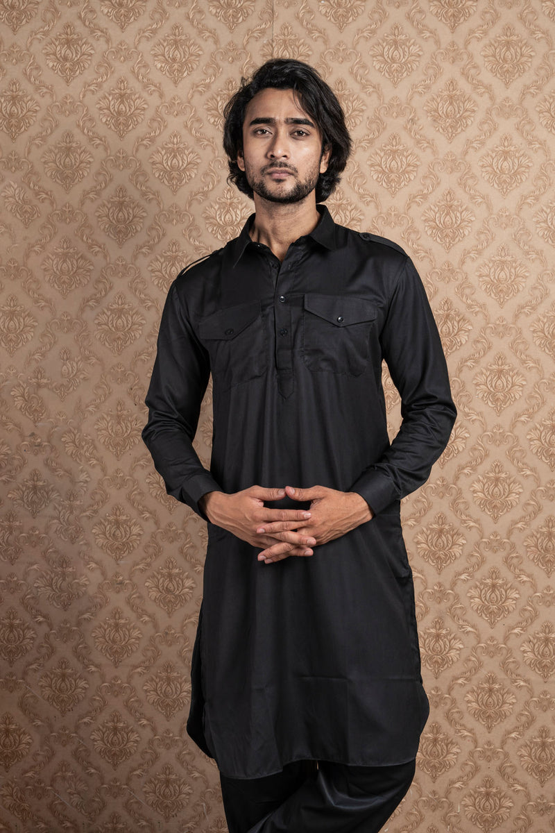 HAMSAFAR Men’s Black Cotton Casual Pathani Kurta & Pyjama Set