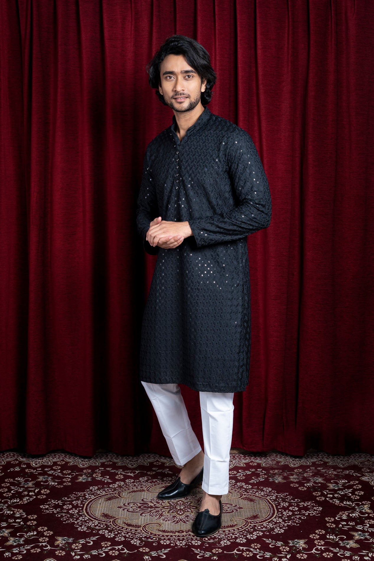 HAMSAFAR Men’s Black Cotton Casual Sequence Kurta
