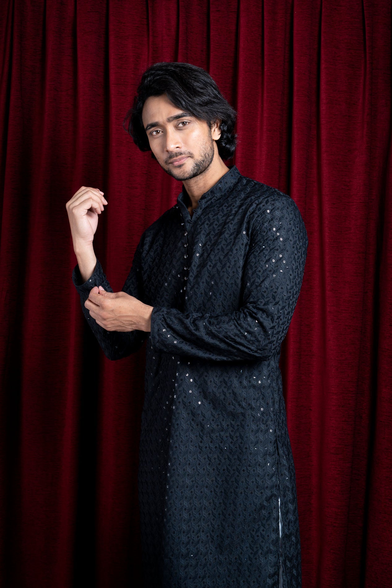 HAMSAFAR Men’s Black Cotton Casual Sequence Kurta
