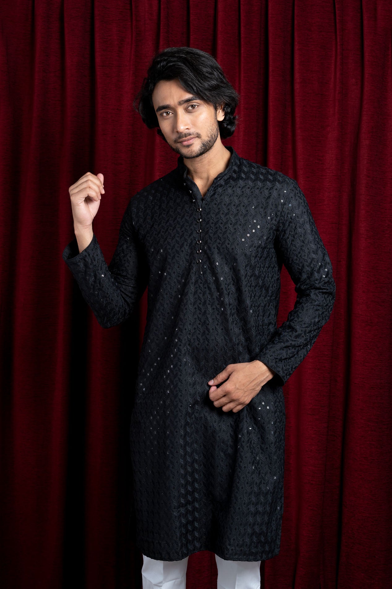 HAMSAFAR Men’s Black Cotton Casual Sequence Kurta