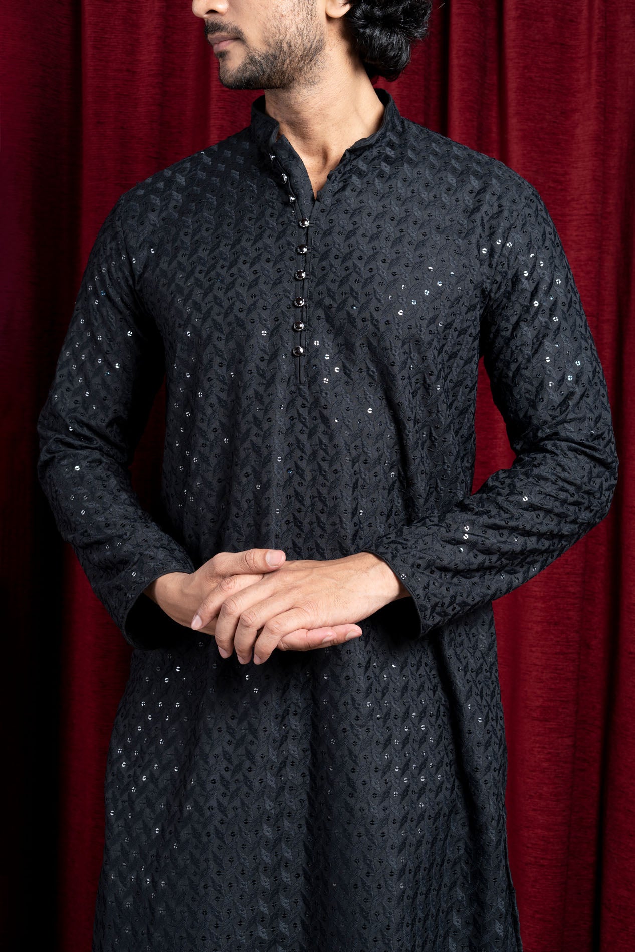 HAMSAFAR Men’s Black Cotton Casual Sequence Kurta