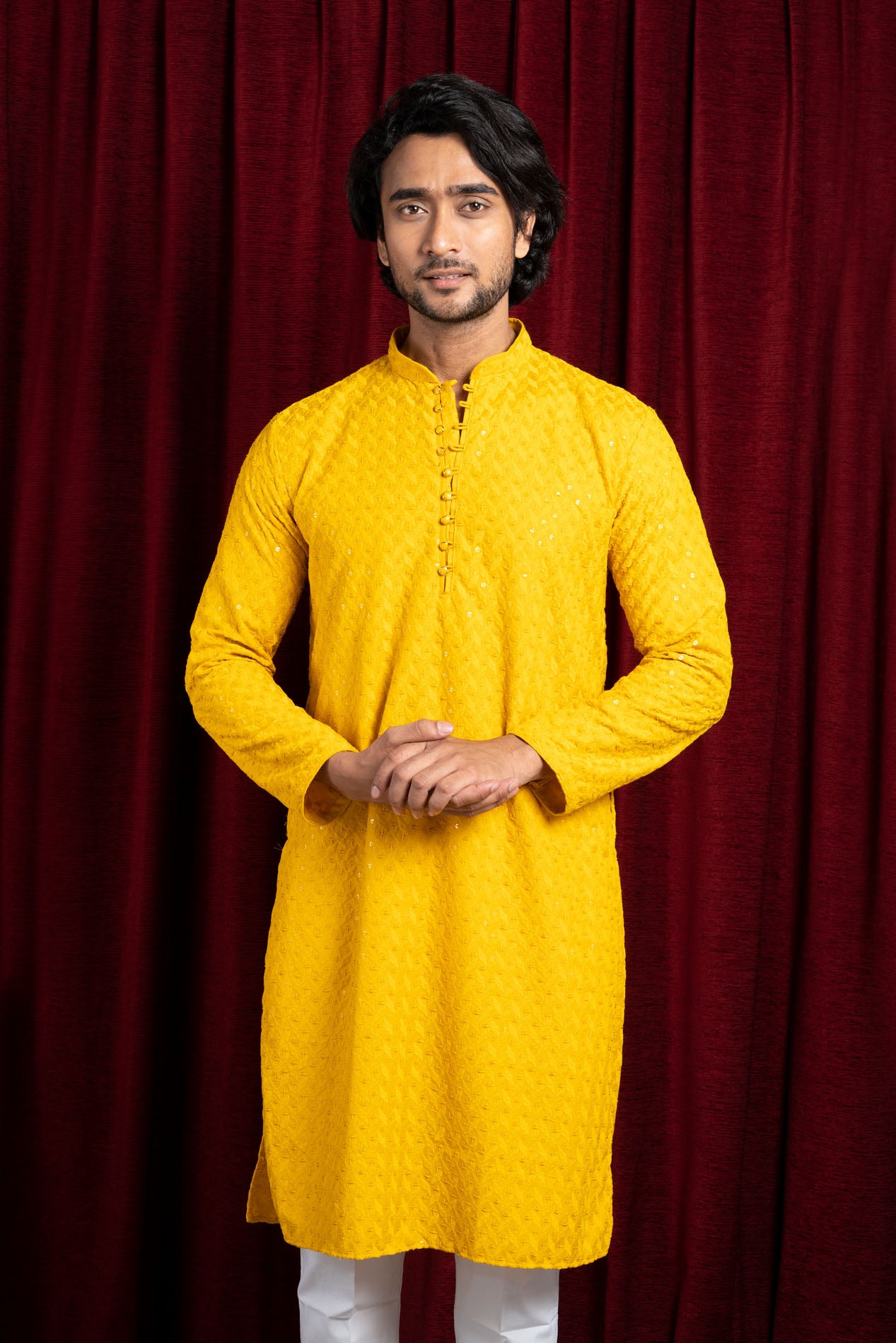 HAMSAFAR Men’s Yellow Cotton Casual Sequence Kurta