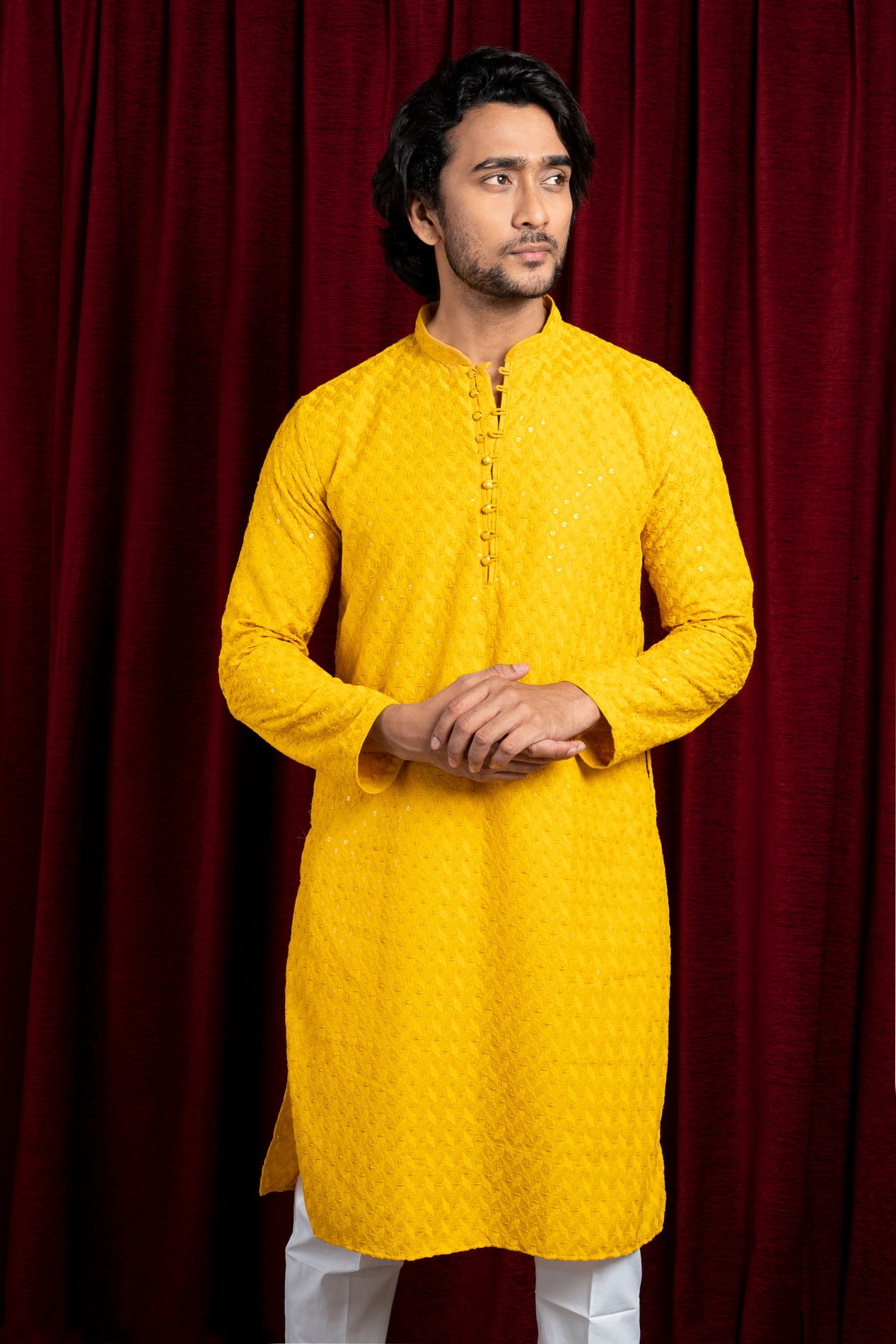 HAMSAFAR Men’s Yellow Cotton Casual Sequence Kurta