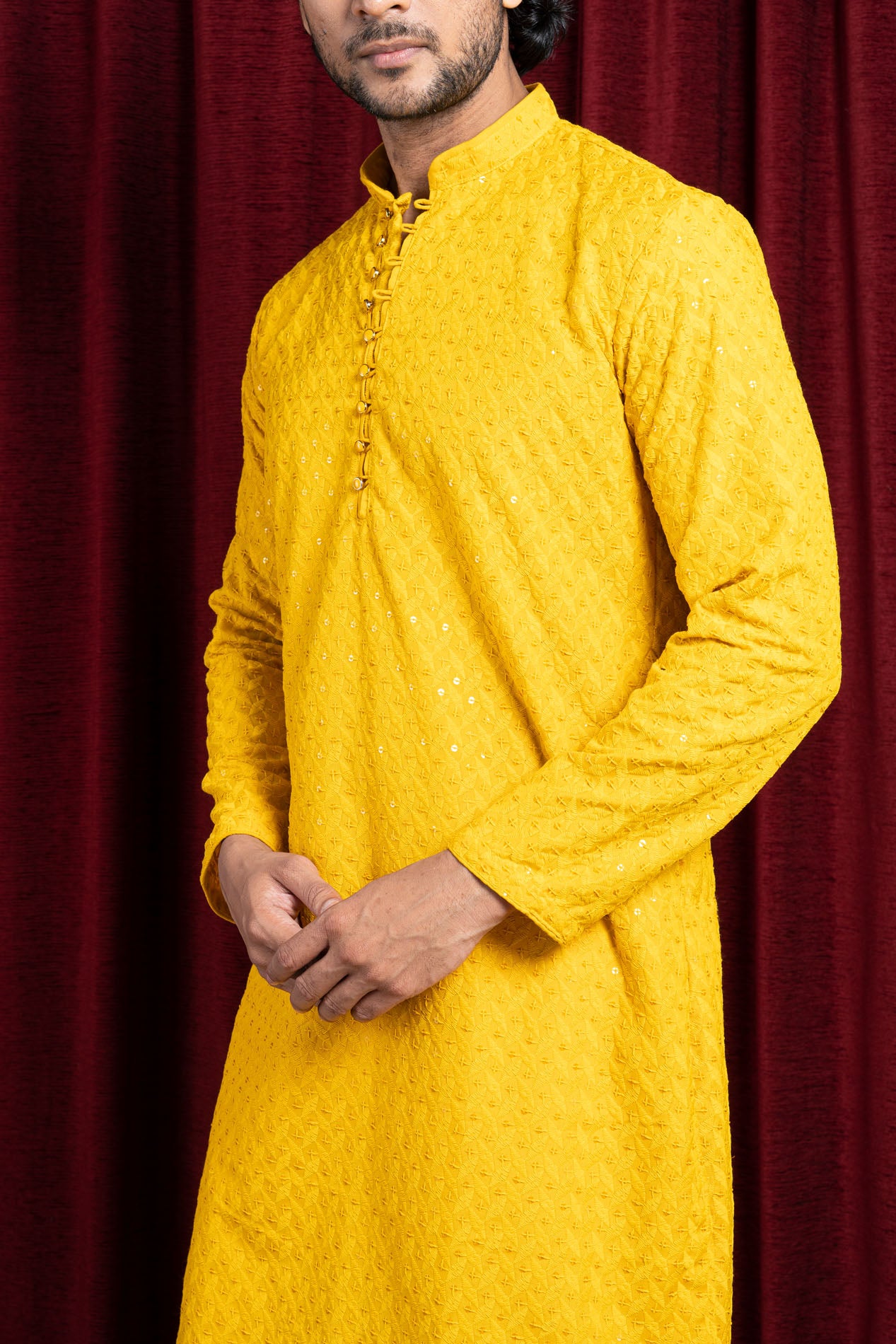 HAMSAFAR Men’s Yellow Cotton Casual Sequence Kurta