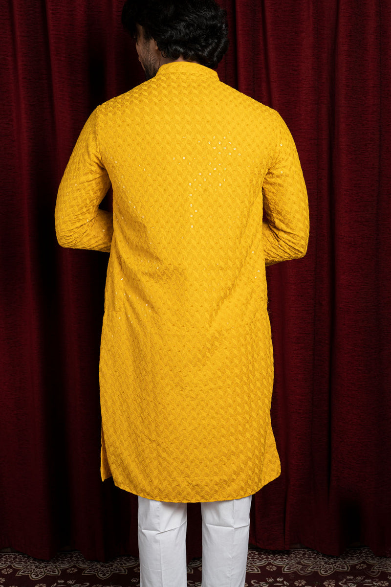 HAMSAFAR Men’s Yellow Cotton Casual Sequence Kurta