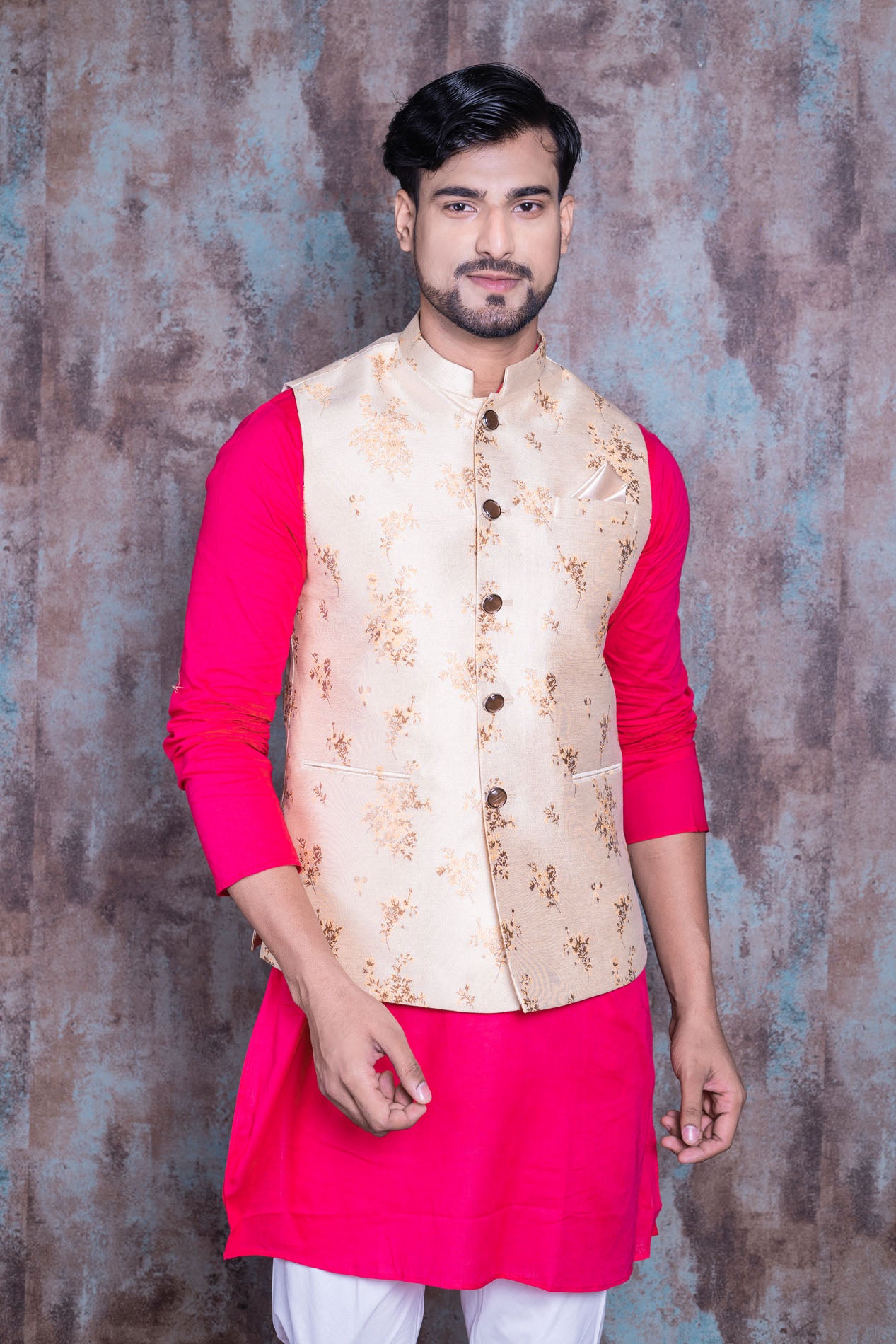 HAMSAFAR Men’s Cream Poly Viscose Printed Nehru Jacket