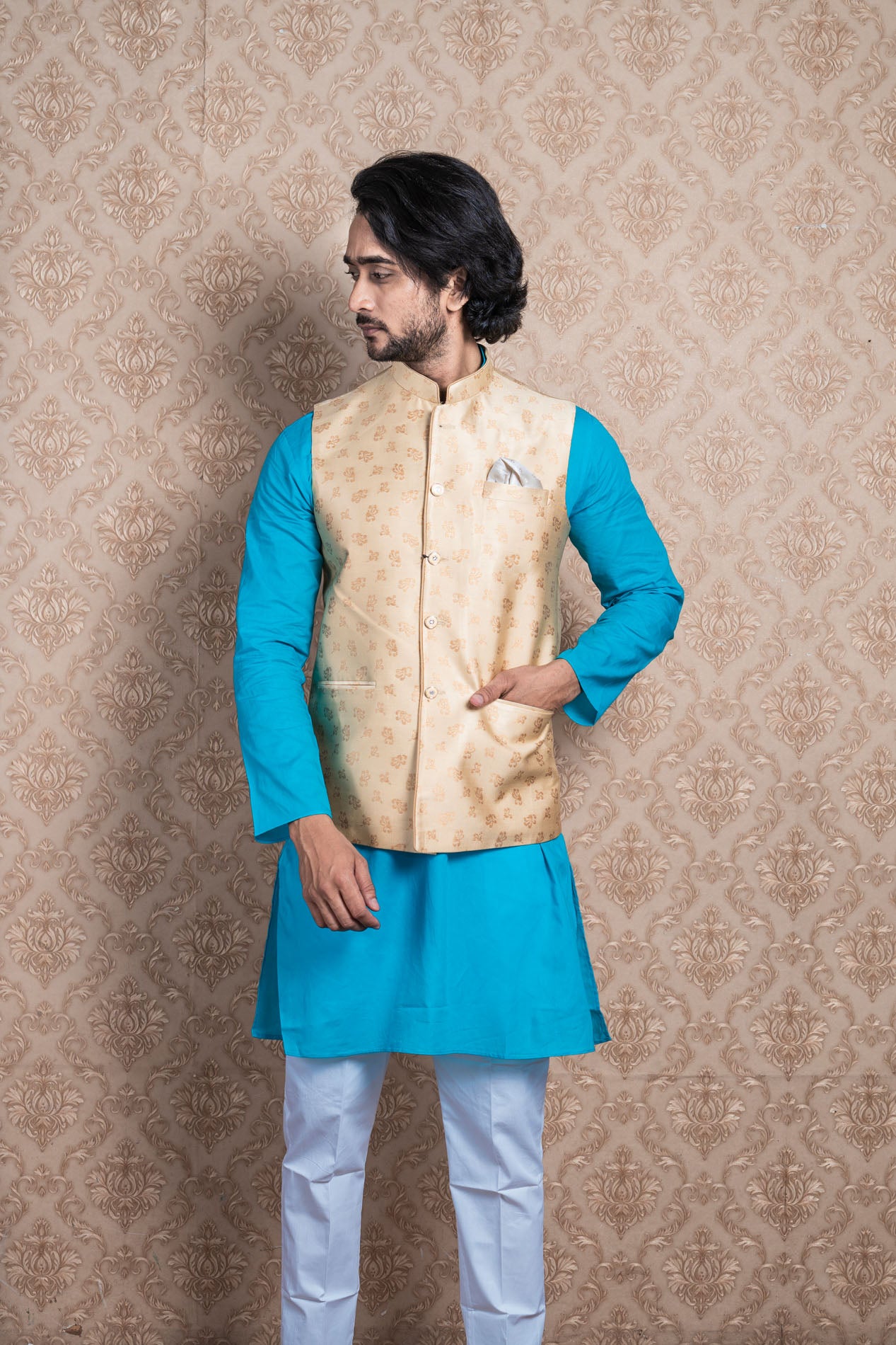 HAMSAFAR Men’s Light Gold Poly Viscose Printed Nehru Jacket