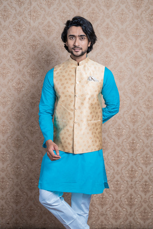 HAMSAFAR Men’s Light Gold Poly Viscose Printed Nehru Jacket