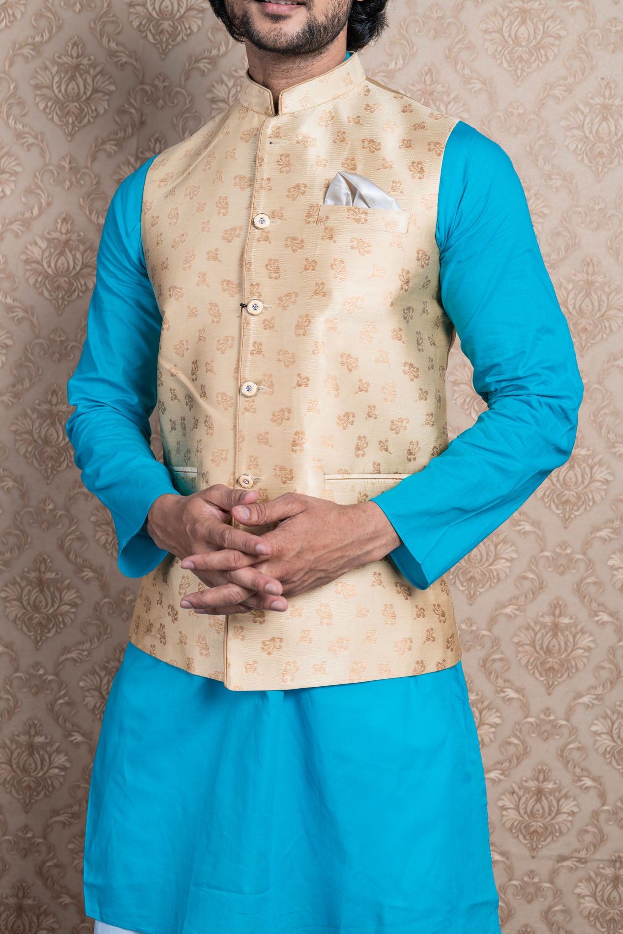 HAMSAFAR Men’s Light Gold Poly Viscose Printed Nehru Jacket