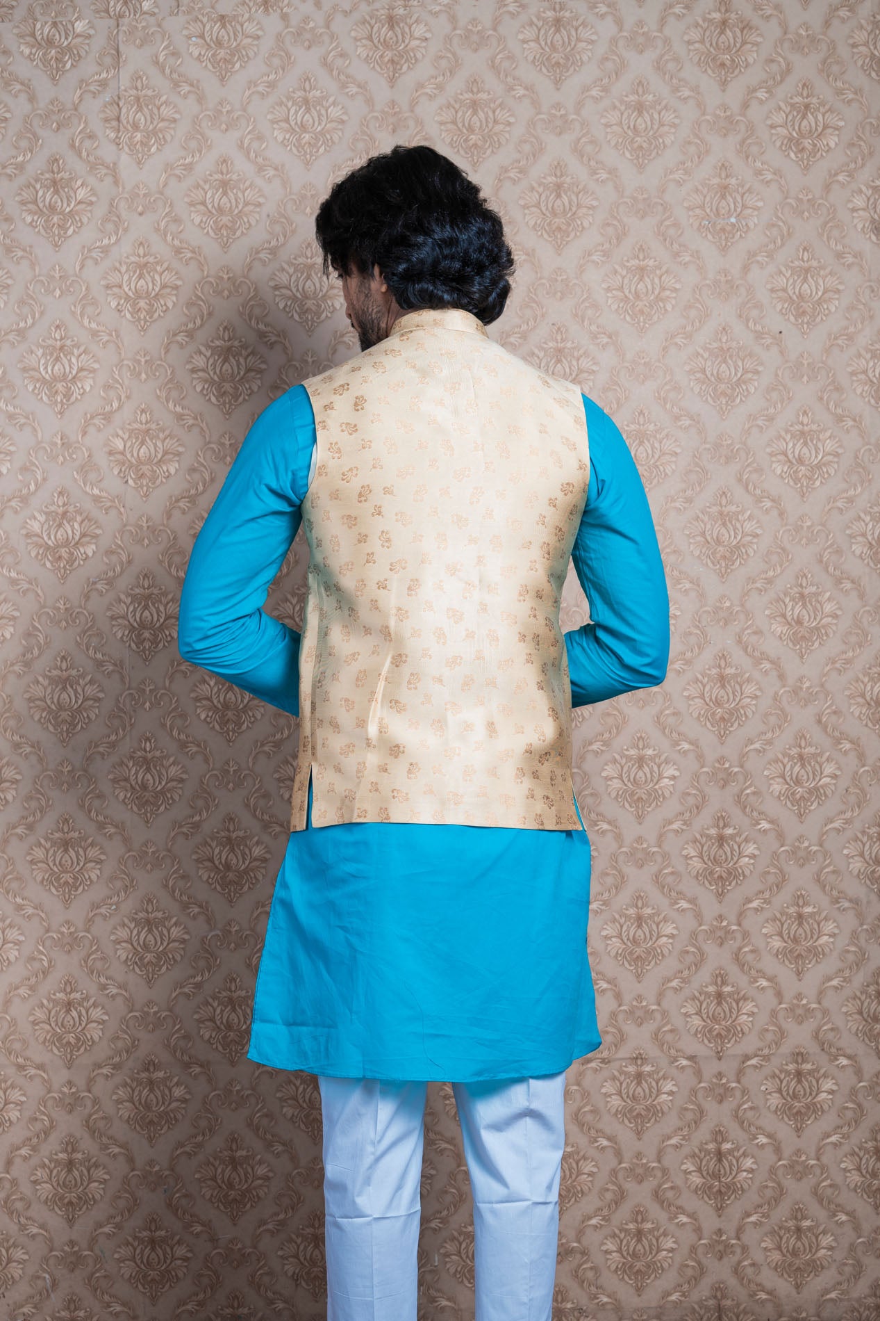 HAMSAFAR Men’s Light Gold Poly Viscose Printed Nehru Jacket