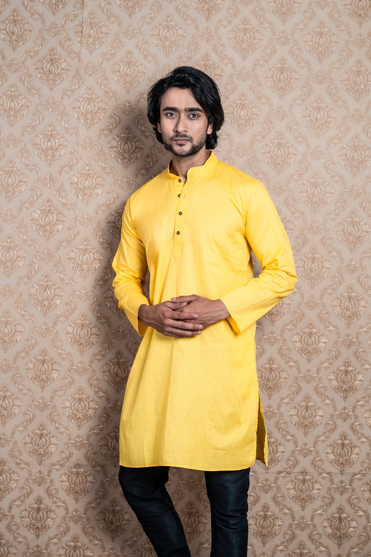 HAMSAFAR Men’s Yellow Cotton Casual Kurta