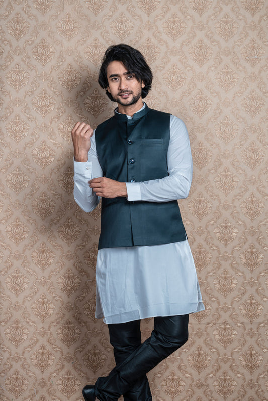 HAMSAFAR Men’s Denim Blue Poly Viscose Nehru Jacket