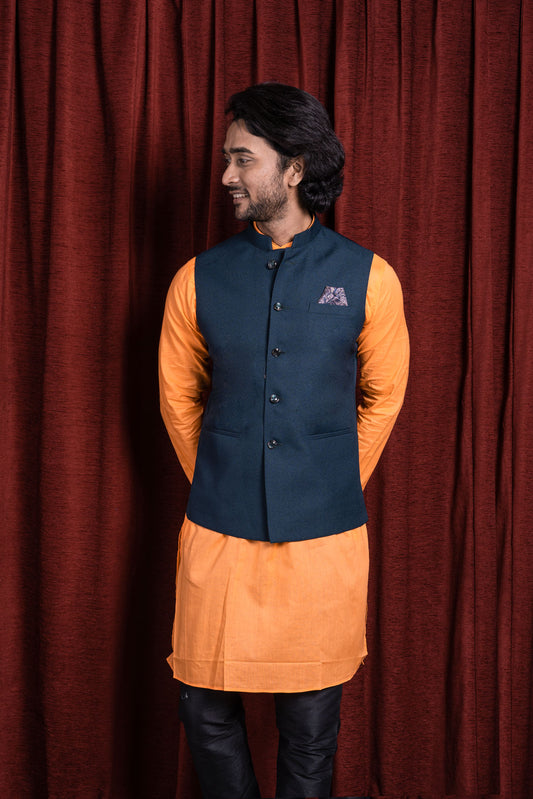 HAMSAFAR Men’s Denim Blue Poly Viscose Nehru Jacket