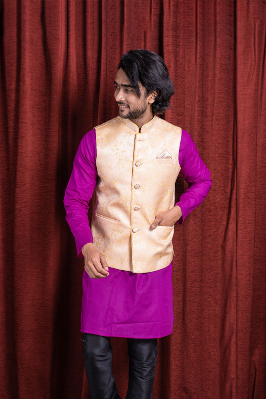 HAMSAFAR Men’s Golden Poly Viscose Printed Nehru Jacket
