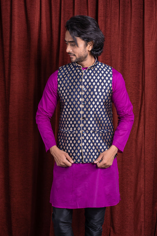 HAMSAFAR Men’s Navy Blue Poly Viscose Printed Nehru Jacket