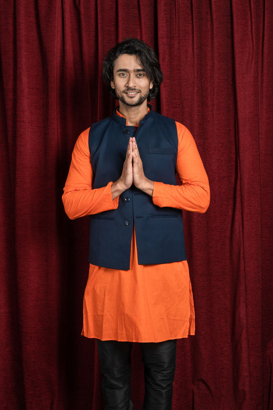 HAMSAFAR Men’s Denim Blue Poly Viscose Nehru Jacket
